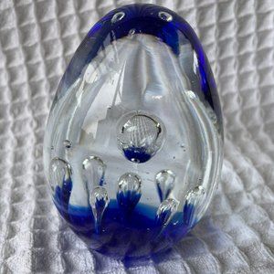 Handblown Egg Glass Art Vintage 4" x 2.5" Blue & Clear Bubbles